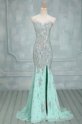 High Quality Mermaid Rhinestones Long Sexy Sweetheart Front Split Mint Chiffon Trumpet 2025 Prom Dresses